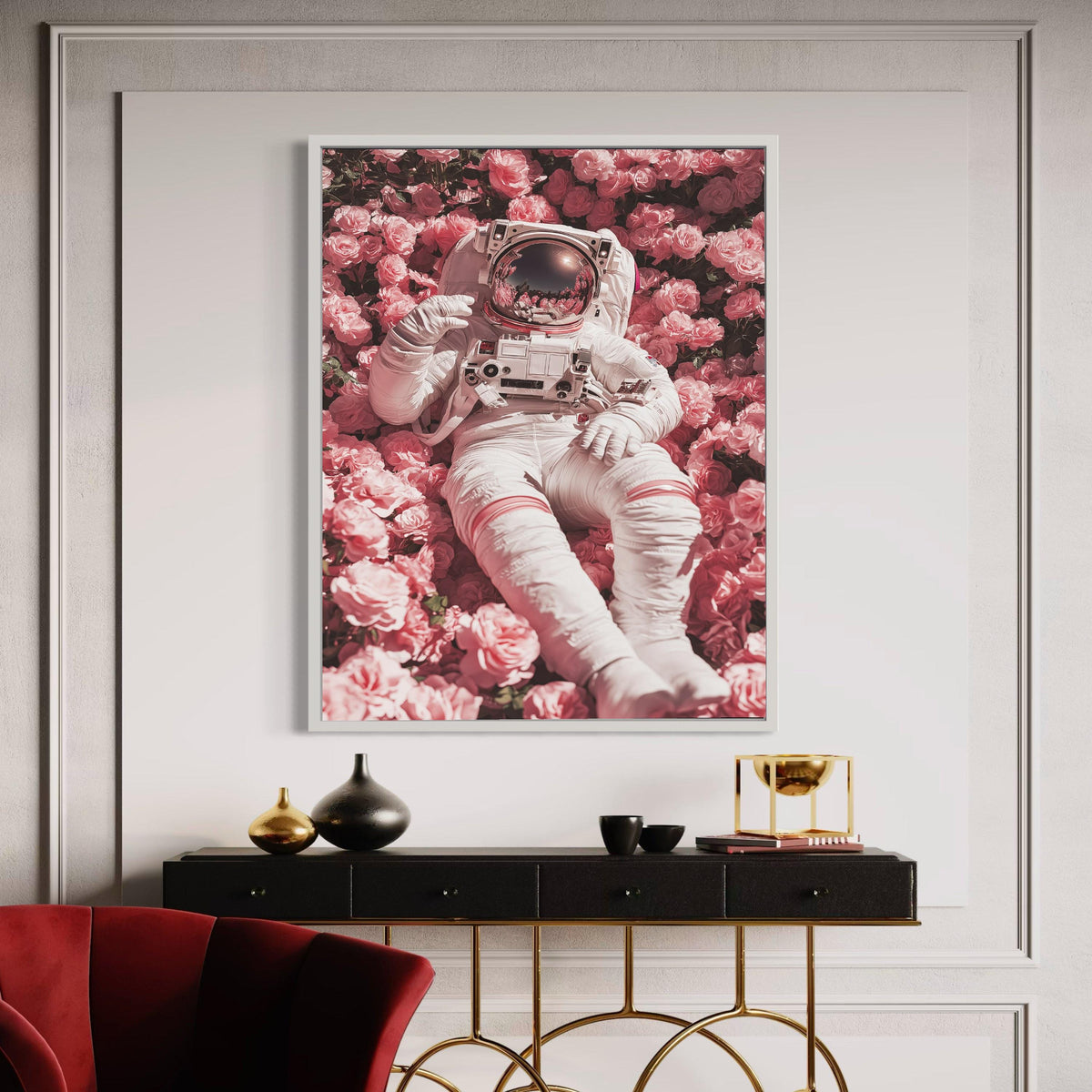 Astronaut in Rose Garden Canvas, Space and Flowers Wall Art, Surreal Floral Decor, Modern Living Room Canvas, Unique Gift Art, Home Decor