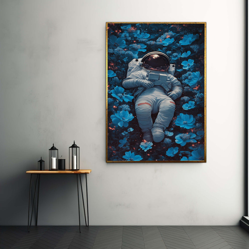 Astronaut Resting in Blue Flowers Canvas, Space and Nature Wall Art, Surreal Floral Astronaut Print, Modern Home Gift Art, Home Decor