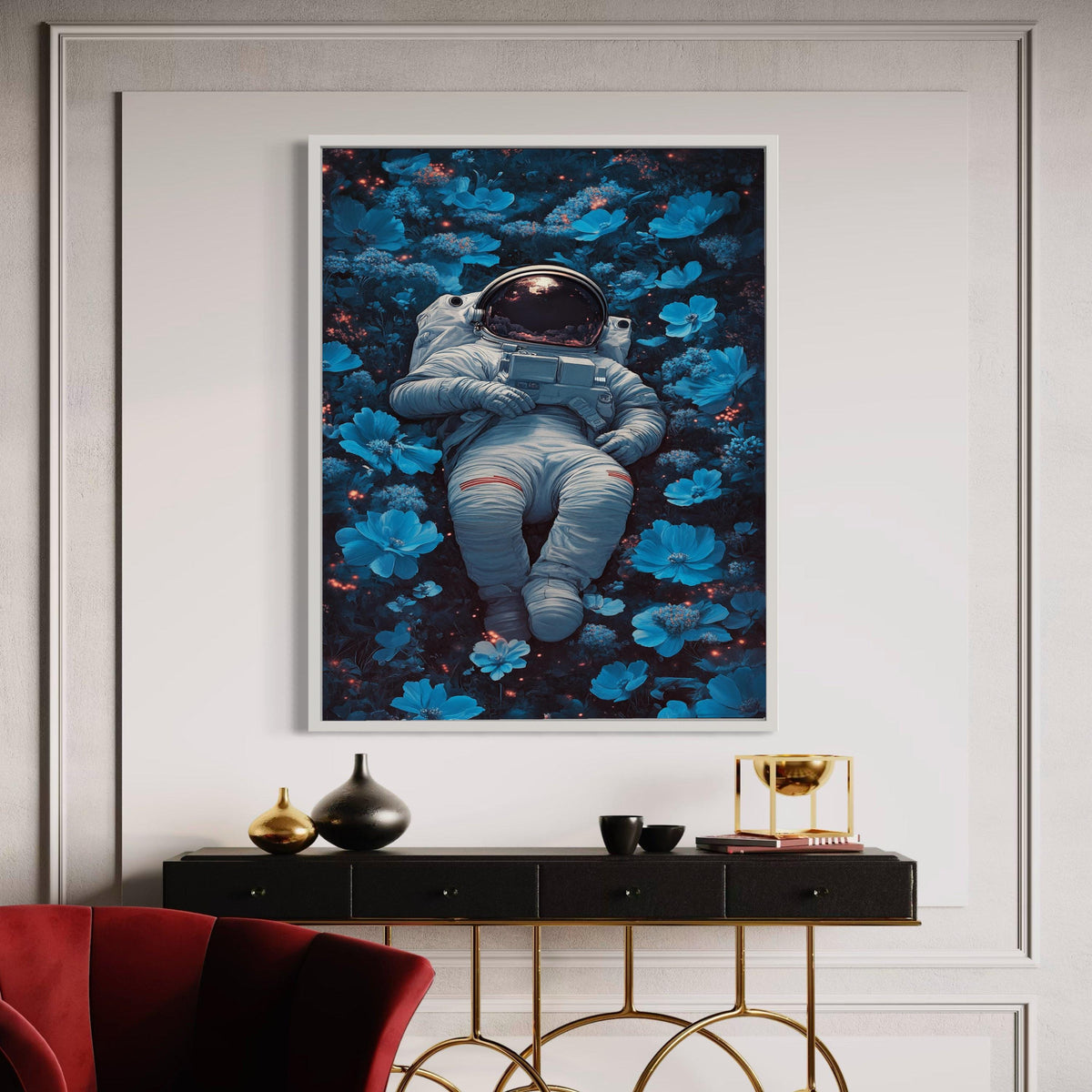 Astronaut Resting in Blue Flowers Canvas, Space and Nature Wall Art, Surreal Floral Astronaut Print, Modern Home Gift Art, Home Decor