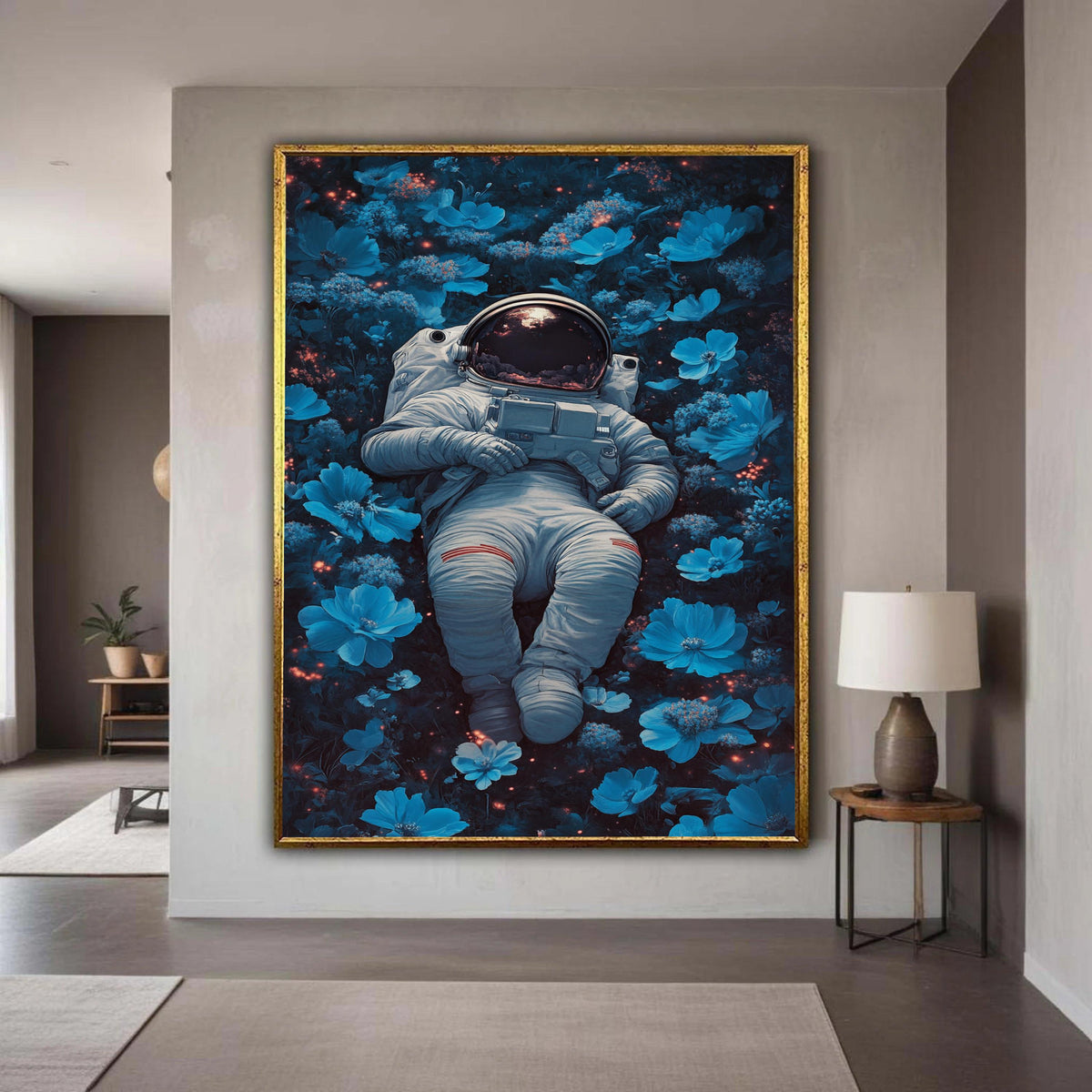 Astronaut Resting in Blue Flowers Canvas, Space and Nature Wall Art, Surreal Floral Astronaut Print, Modern Home Gift Art, Home Decor