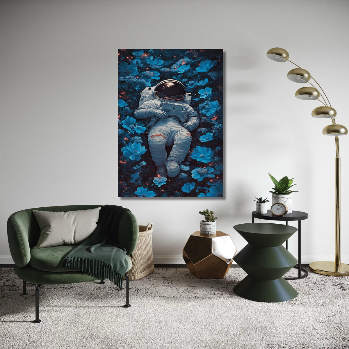 Astronaut Resting in Blue Flowers Canvas, Space and Nature Wall Art, Surreal Floral Astronaut Print, Modern Home Gift Art, Home Decor