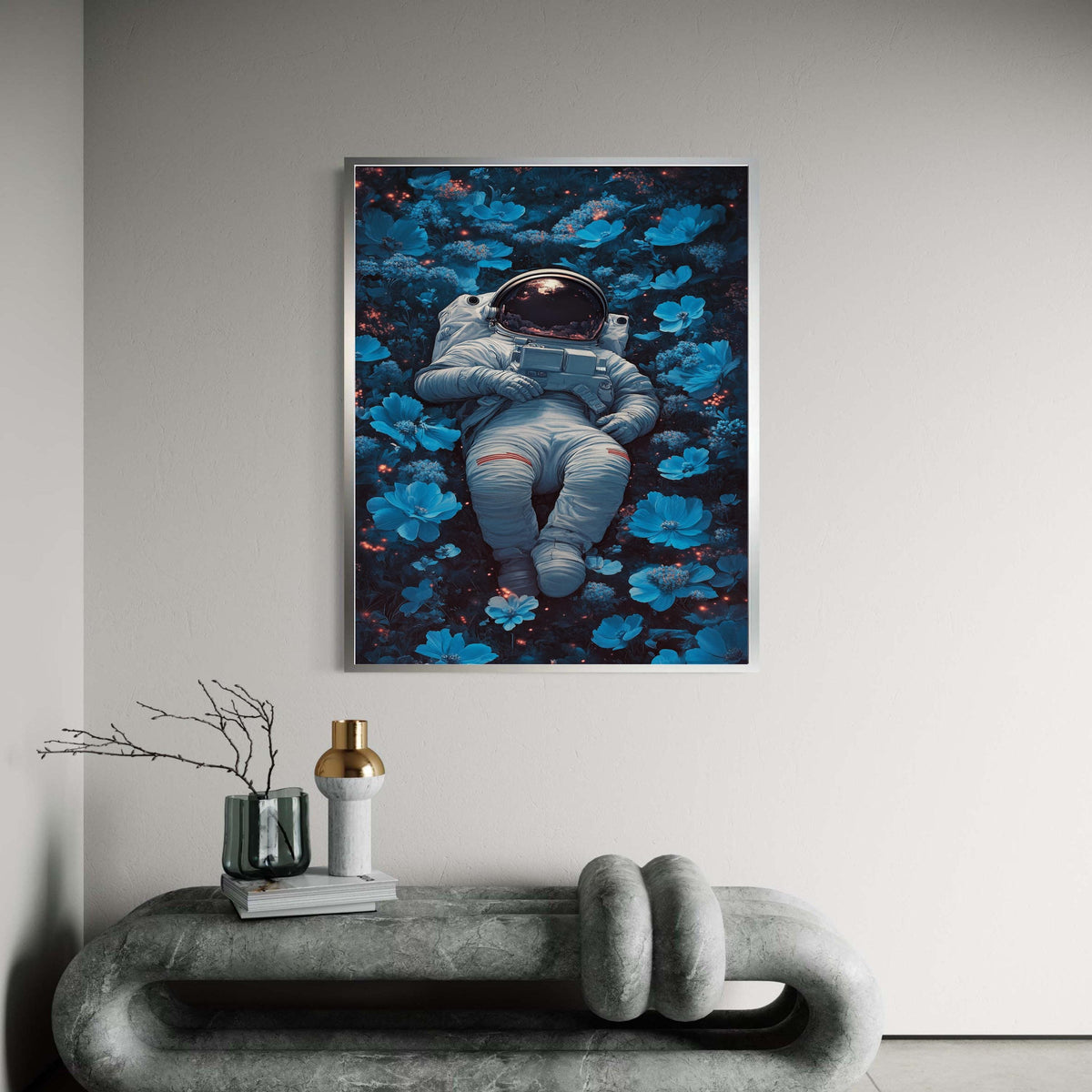 Astronaut Resting in Blue Flowers Canvas, Space and Nature Wall Art, Surreal Floral Astronaut Print, Modern Home Gift Art, Home Decor