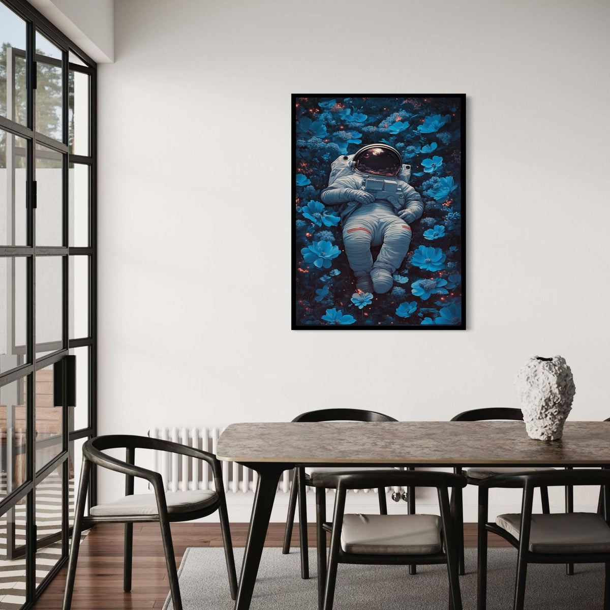 Astronaut Resting in Blue Flowers Canvas, Space and Nature Wall Art, Surreal Floral Astronaut Print, Modern Home Gift Art, Home Decor