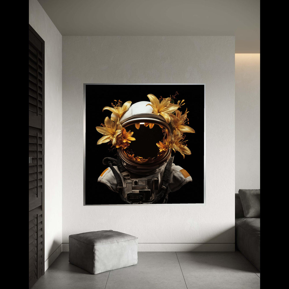 Golden Lilies Astronaut Helmet, Space Floral Canvas Wall Art, Surreal Sci-Fi Home Decor, Cosmic Nature Canvas, Modern Gift Art, Home Decor