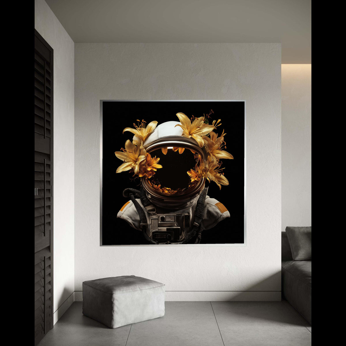 Golden Lilies Astronaut Helmet, Space Floral Canvas Wall Art, Surreal Sci-Fi Home Decor, Cosmic Nature Canvas, Modern Gift Art, Home Decor
