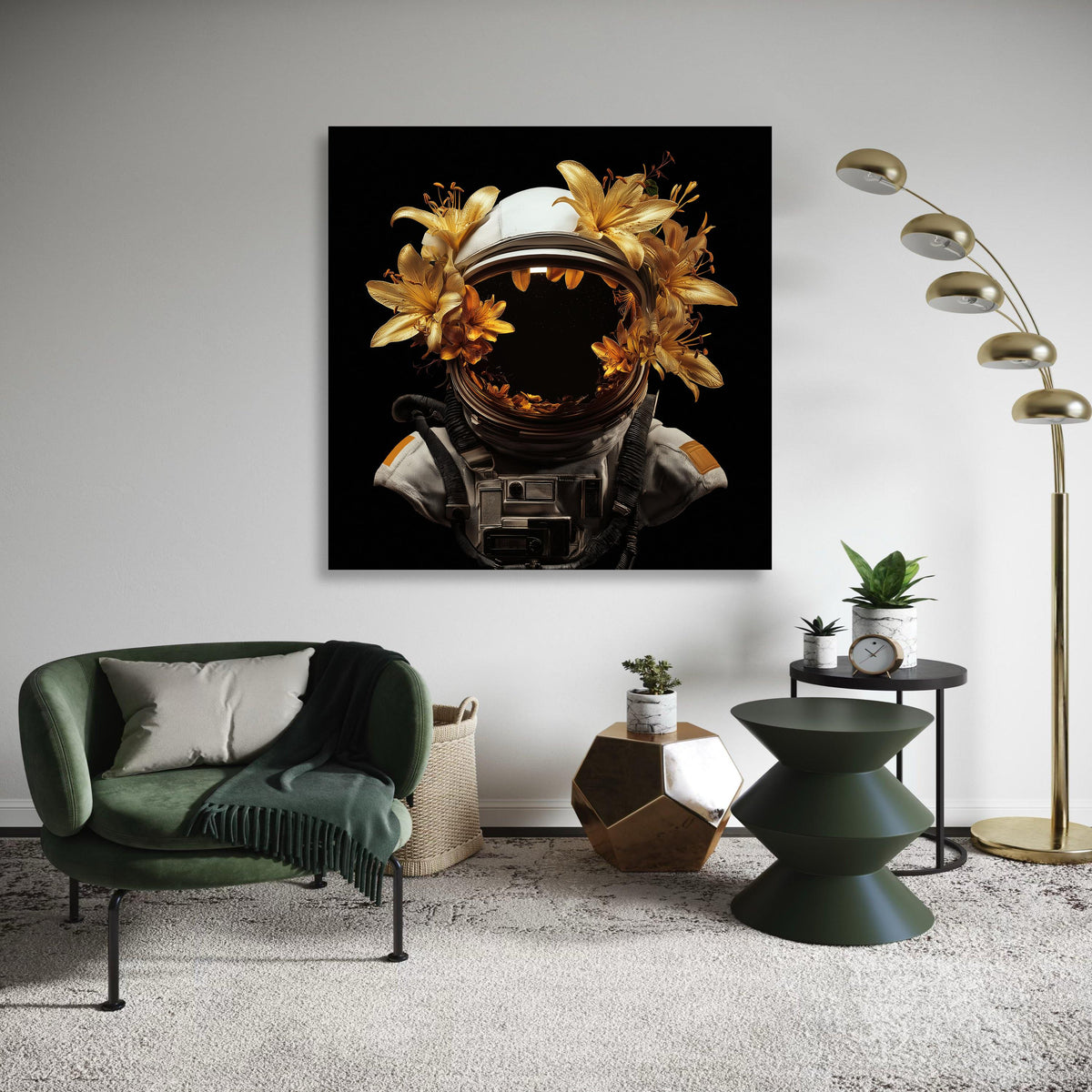 Golden Lilies Astronaut Helmet, Space Floral Canvas Wall Art, Surreal Sci-Fi Home Decor, Cosmic Nature Canvas, Modern Gift Art, Home Decor