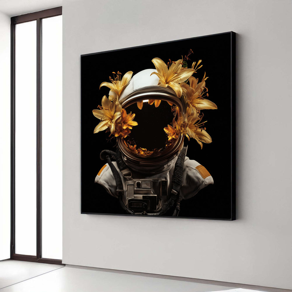 Golden Lilies Astronaut Helmet, Space Floral Canvas Wall Art, Surreal Sci-Fi Home Decor, Cosmic Nature Canvas, Modern Gift Art, Home Decor