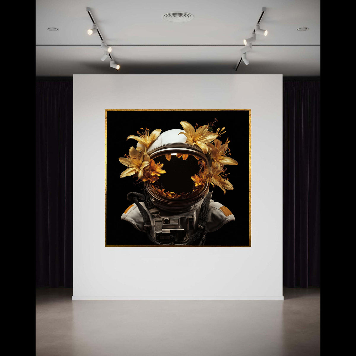 Golden Lilies Astronaut Helmet, Space Floral Canvas Wall Art, Surreal Sci-Fi Home Decor, Cosmic Nature Canvas, Modern Gift Art, Home Decor