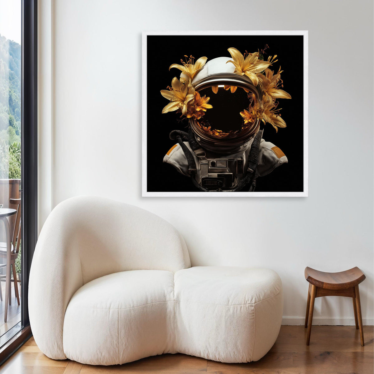 Golden Lilies Astronaut Helmet, Space Floral Canvas Wall Art, Surreal Sci-Fi Home Decor, Cosmic Nature Canvas, Modern Gift Art, Home Decor