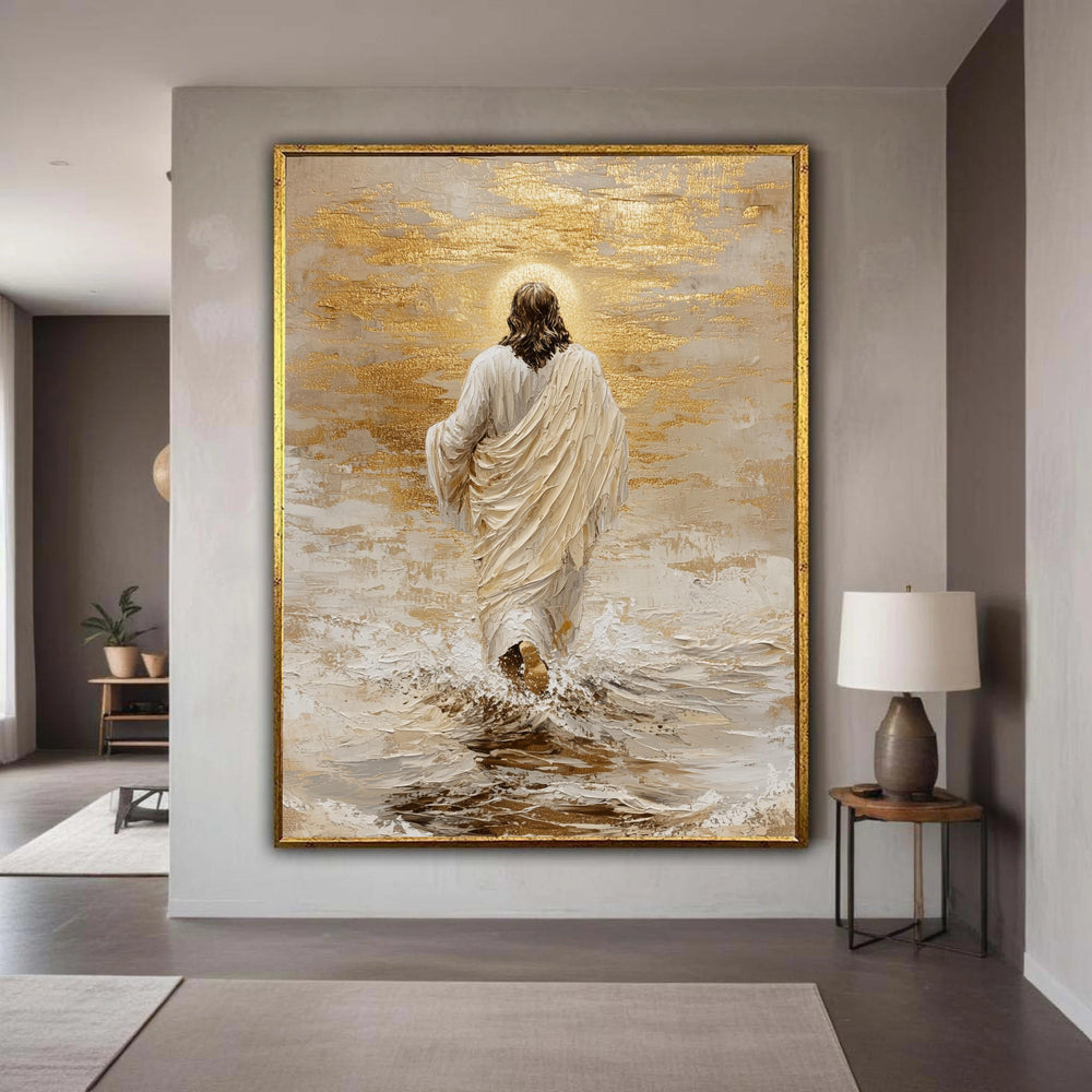 Divine Jesus Walking on Water, Inspirational Christian Canvas, Religious Wall Art, Spiritual Home Decoration, Gold Gift Art, Home Decor