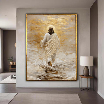 Divine Jesus Walking on Water, Inspirational Christian Canvas, Religious Wall Art, Spiritual Home Decoration, Gold Gift Art, Home Decor