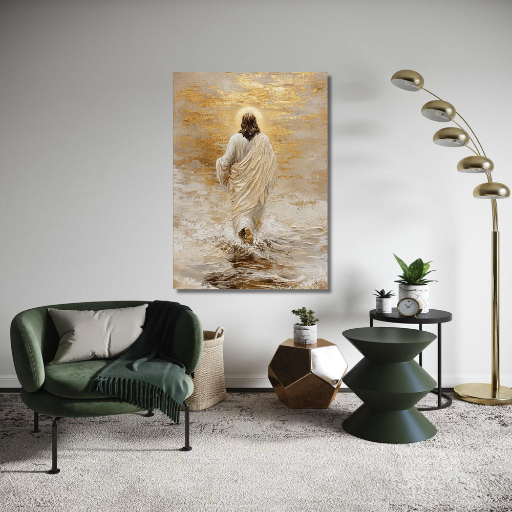 Divine Jesus Walking on Water, Inspirational Christian Canvas, Religious Wall Art, Spiritual Home Decoration, Gold Gift Art, Home Decor