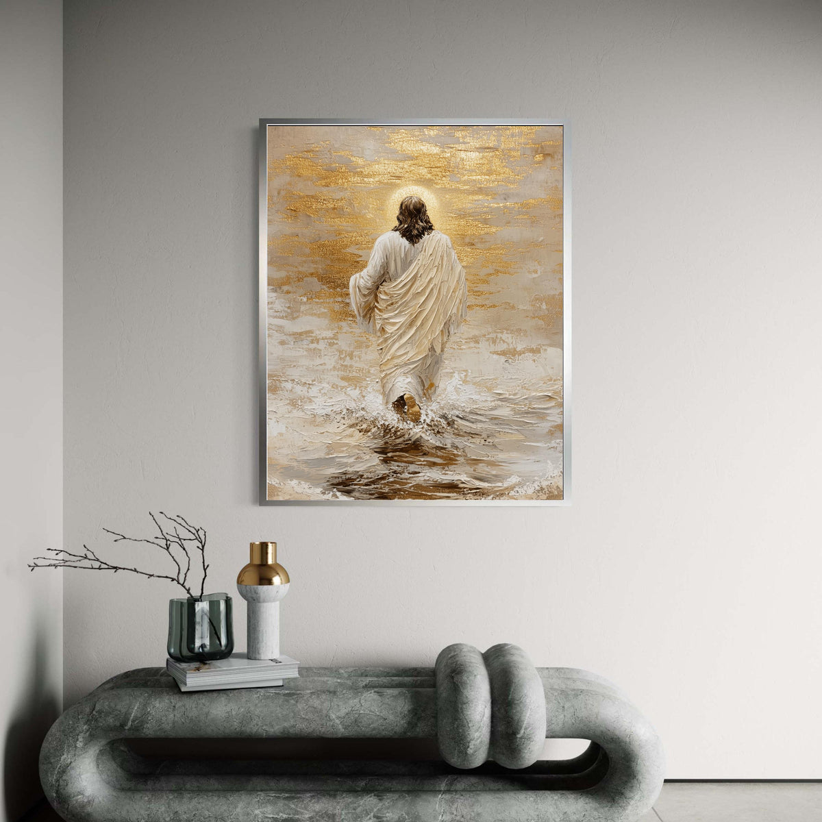 Divine Jesus Walking on Water, Inspirational Christian Canvas, Religious Wall Art, Spiritual Home Decoration, Gold Gift Art, Home Decor