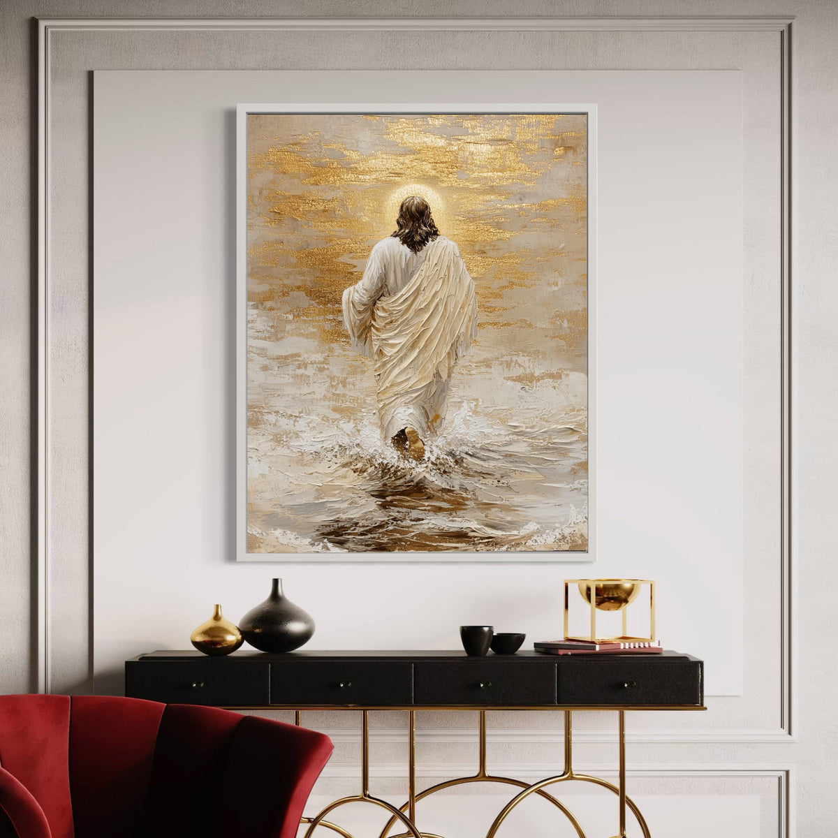 Divine Jesus Walking on Water, Inspirational Christian Canvas, Religious Wall Art, Spiritual Home Decoration, Gold Gift Art, Home Decor