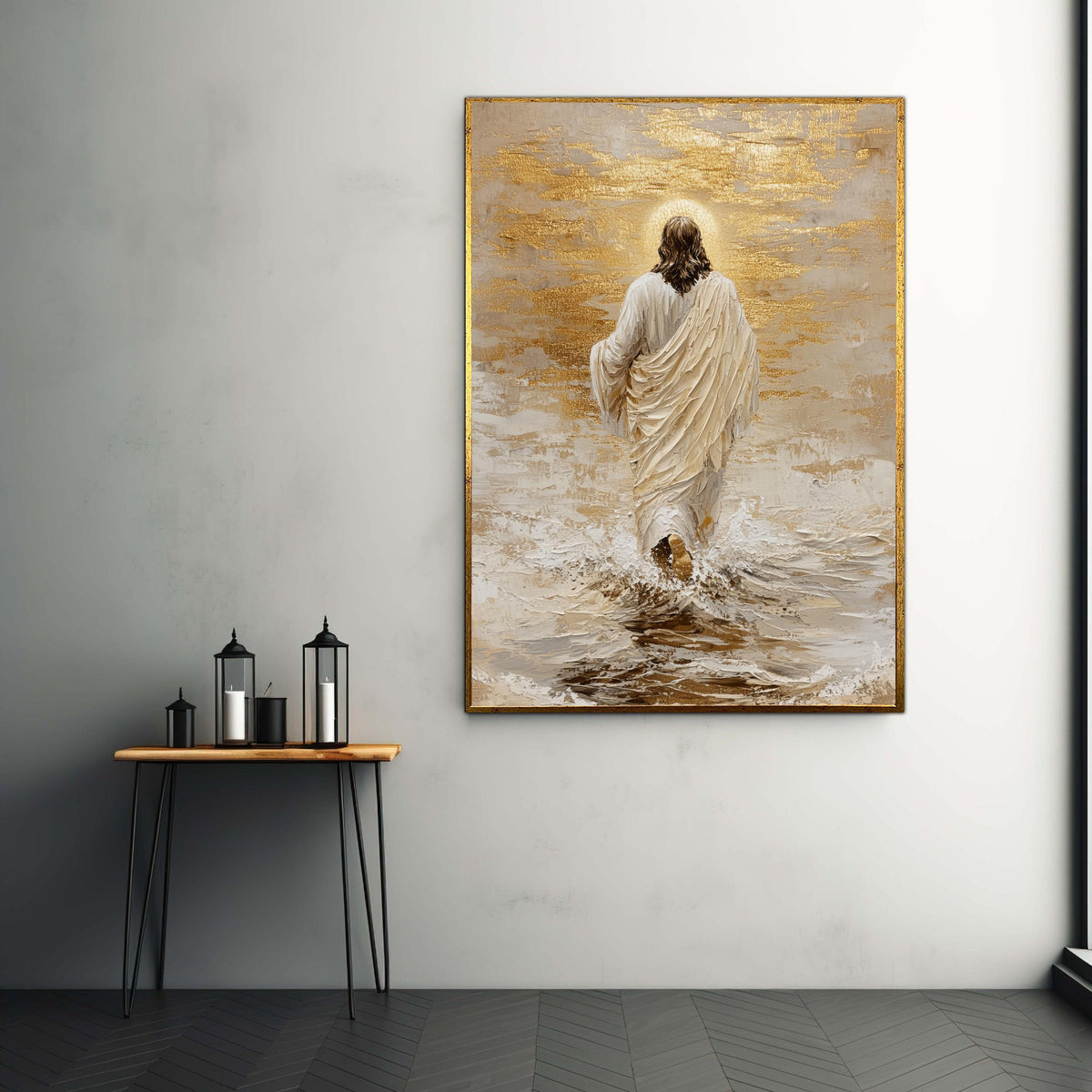 Divine Jesus Walking on Water, Inspirational Christian Canvas, Religious Wall Art, Spiritual Home Decoration, Gold Gift Art, Home Decor