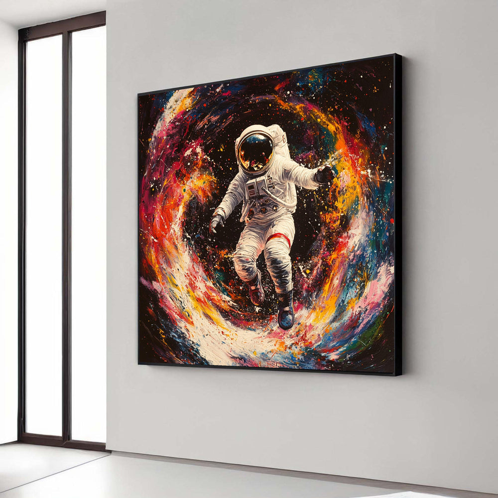 Cosmic Astronaut Floating Canvas, Space Explorer Wall Art, Colorful Galaxy Swirl Painting, Modern Astronaut Decor, Gift Art, Home Decor