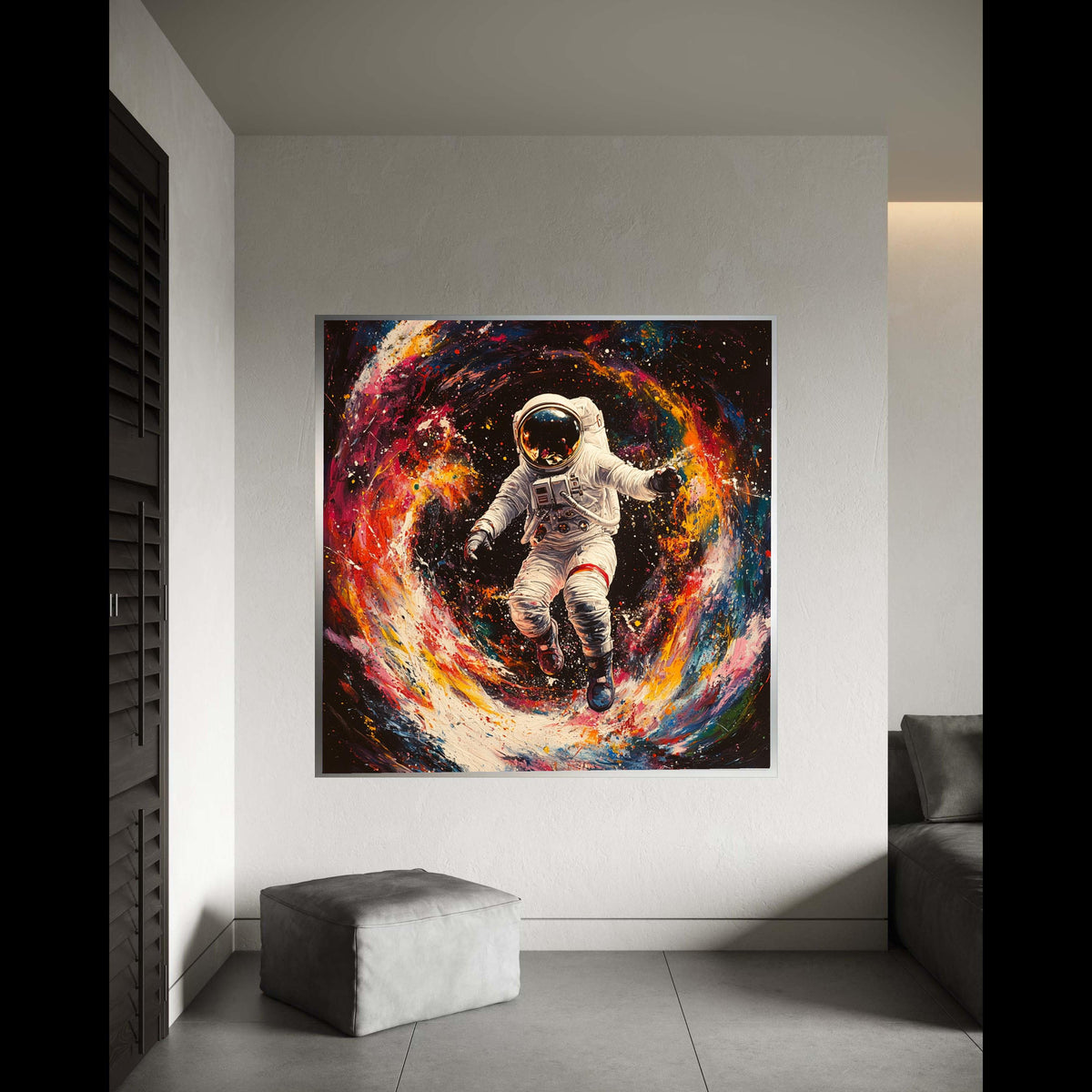 Cosmic Astronaut Floating Canvas, Space Explorer Wall Art, Colorful Galaxy Swirl Painting, Modern Astronaut Decor, Gift Art, Home Decor