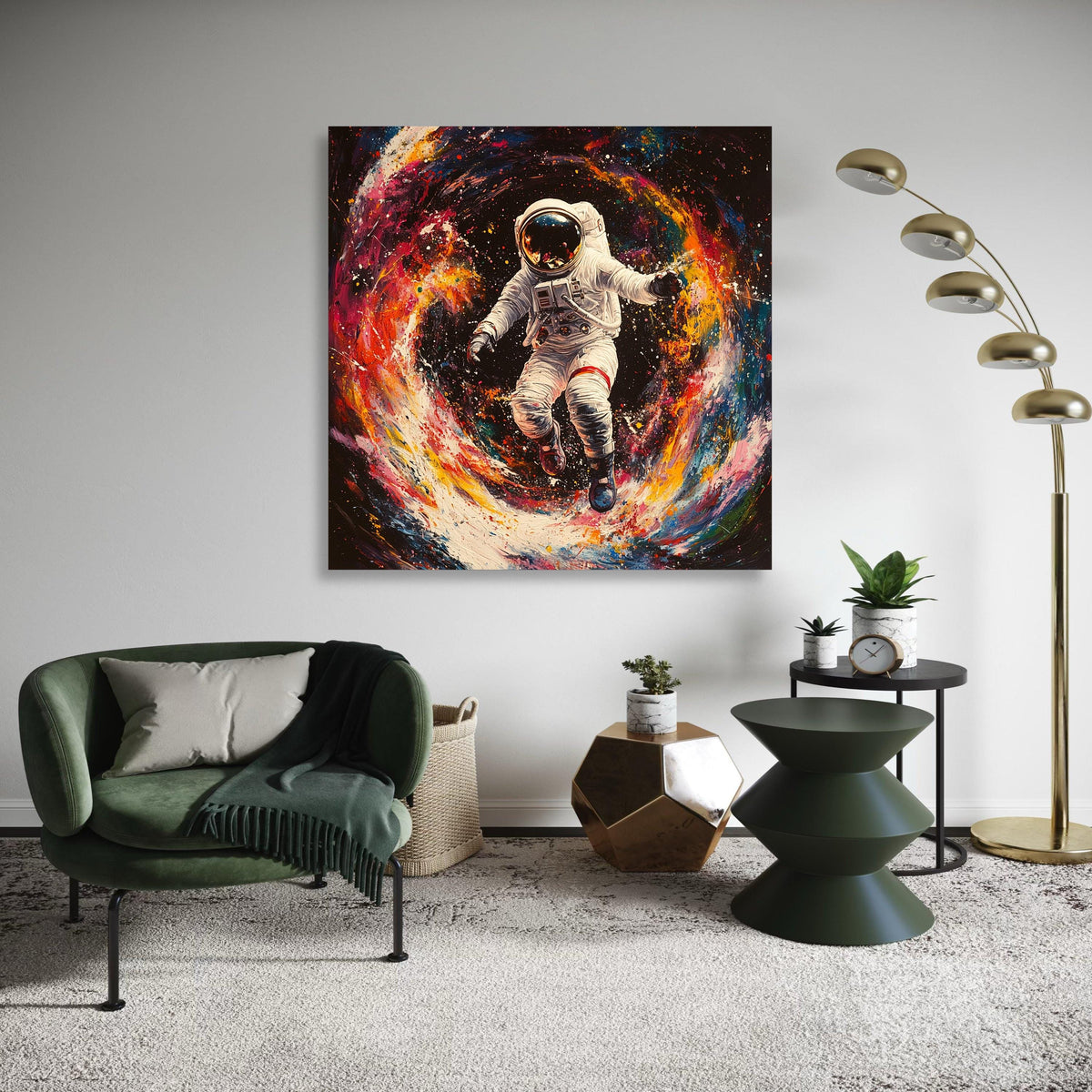 Cosmic Astronaut Floating Canvas, Space Explorer Wall Art, Colorful Galaxy Swirl Painting, Modern Astronaut Decor, Gift Art, Home Decor