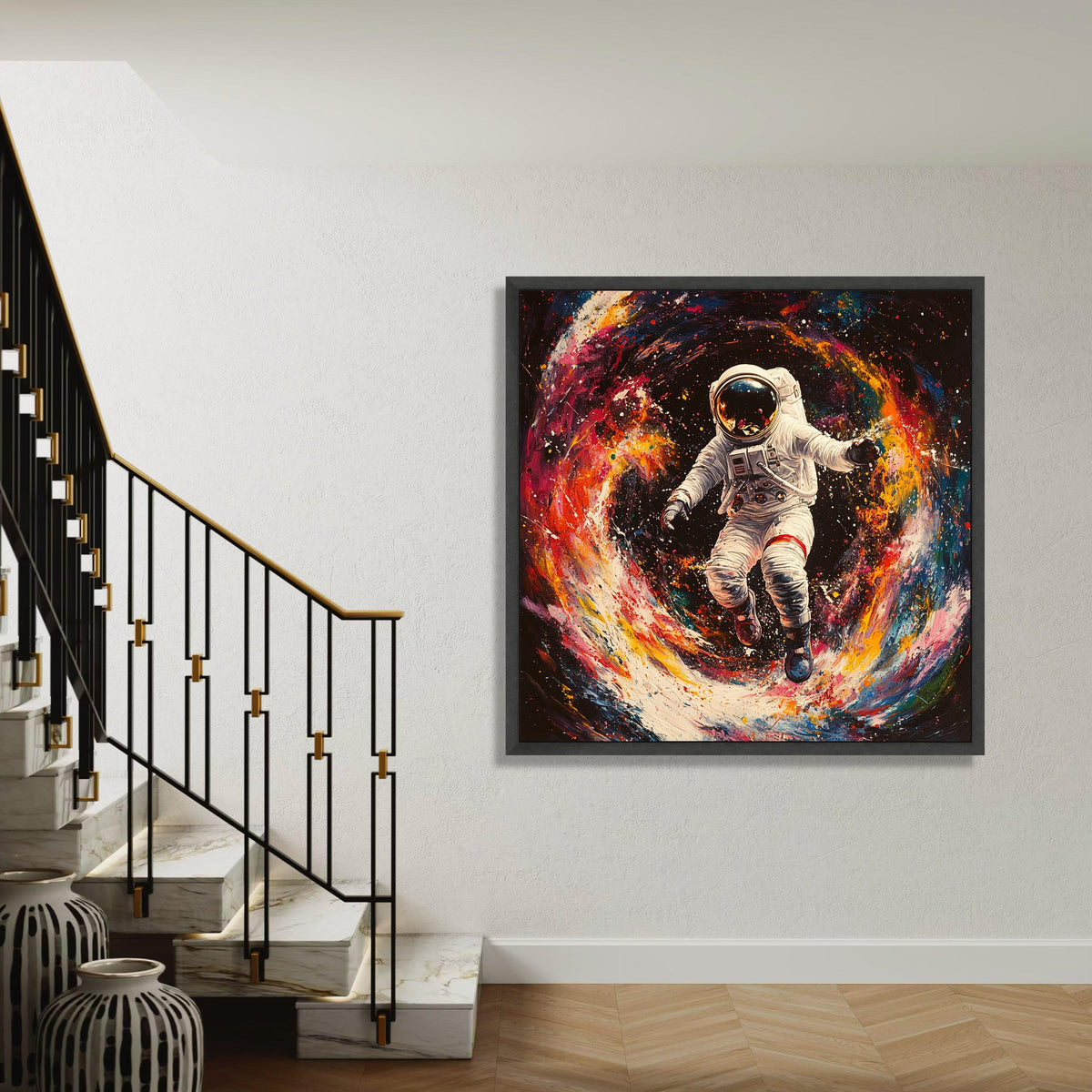 Cosmic Astronaut Floating Canvas, Space Explorer Wall Art, Colorful Galaxy Swirl Painting, Modern Astronaut Decor, Gift Art, Home Decor
