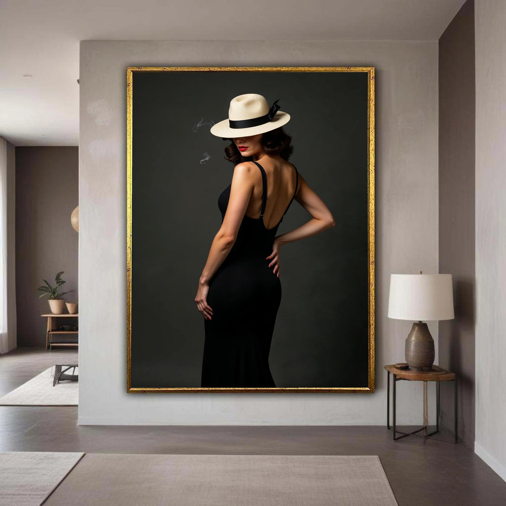 Elegant Woman in Black Dress and Fedora Hat, Retro Glamour Canvas Wall Art, Vintage Style Portrait, Fashion Home Decor Gift Art, Home Decor
