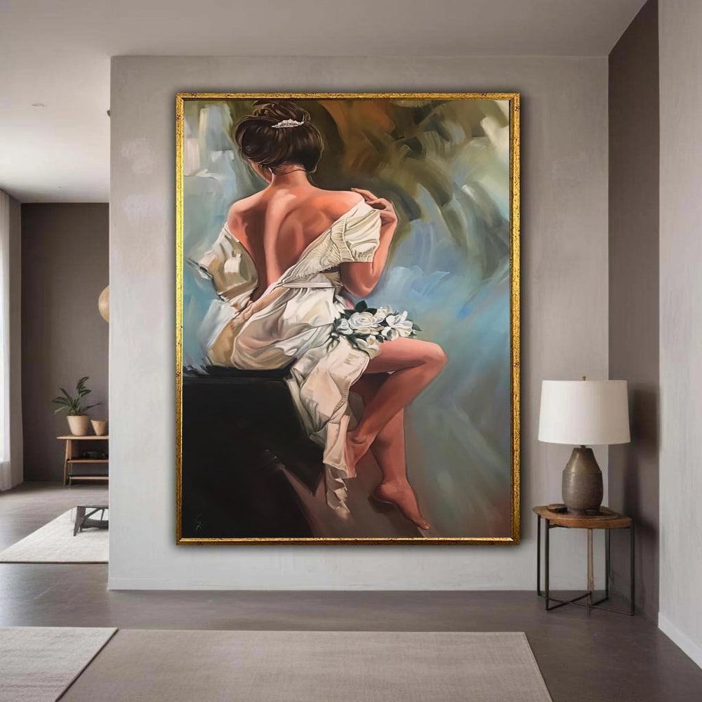 Elegant Woman in White Dress Canvas, Back View Figurative Art, Bridal Bouquet Wall Decor, Romantic Portrait Painting, Gift Art, Home Decor