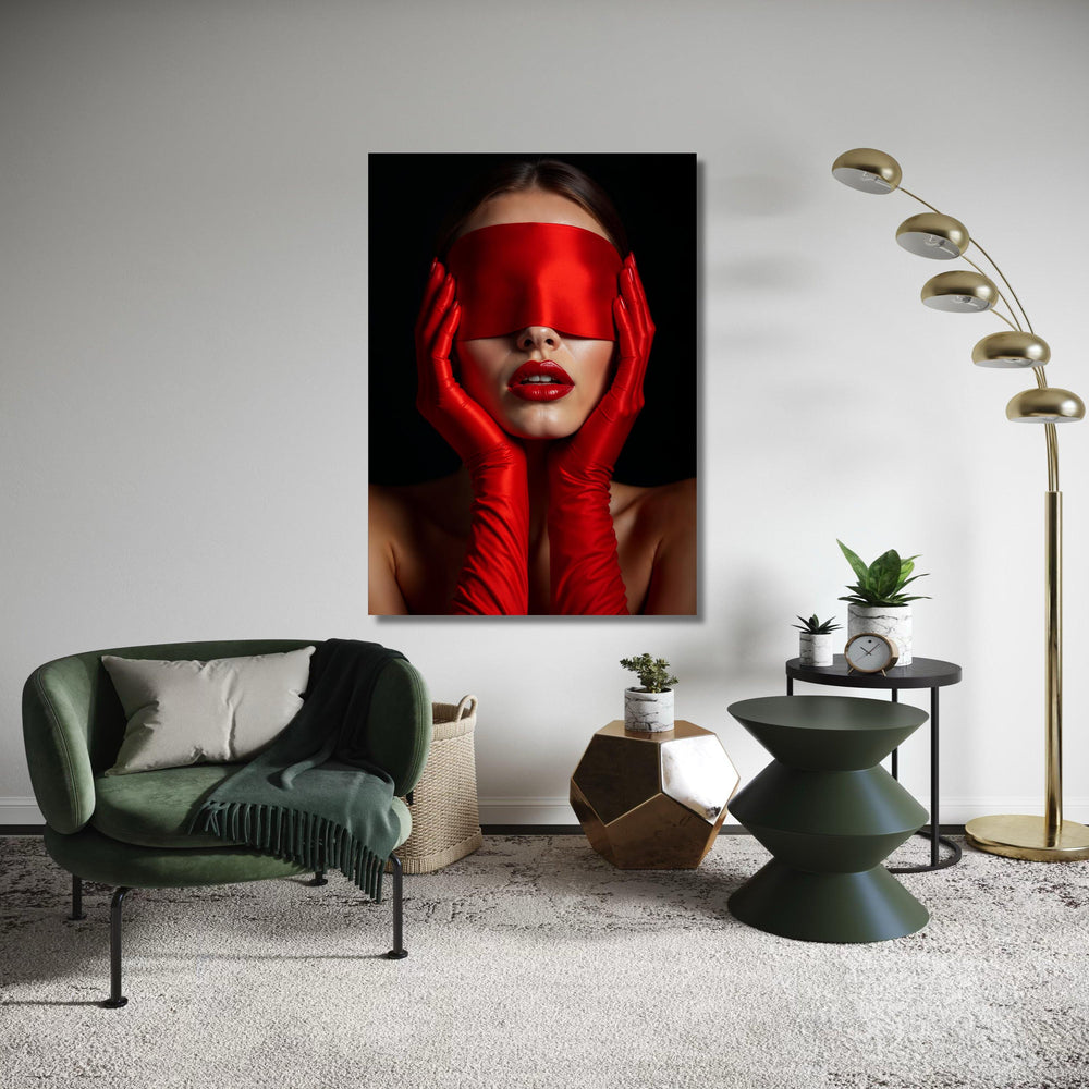 Bold Red Glamour Portrait, Satin Blindfold Canvas Art, Fashion Wall Decor, Luxury Red Gloves, Modern Woman Canvas, Chic Gift Art, Home Decor