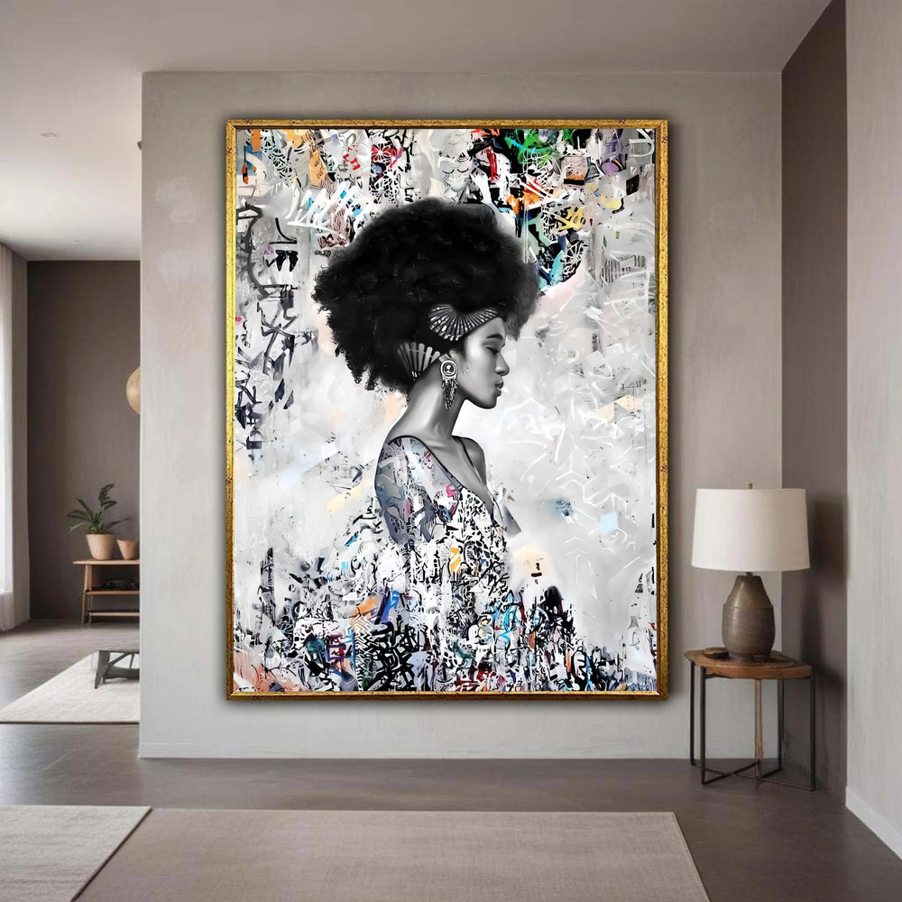 Elegant Black Woman Portrait Canvas, Afro Hair Wall Art, Abstract Mixed Media Design, Modern Home Decor, Feminine Gift Art, Home Decor