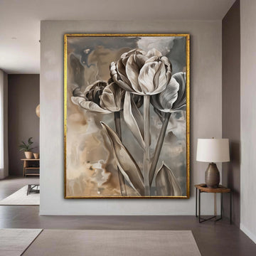 Elegant Sepia Tulip Painting, Vintage Floral Canvas Wall Art, Neutral Home Decor, Botanical Flower Artwork, Ready to Gift Art, Home Decor