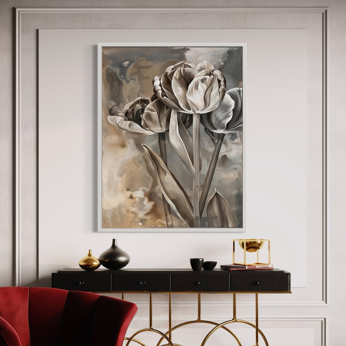 Elegant Sepia Tulip Painting, Vintage Floral Canvas Wall Art, Neutral Home Decor, Botanical Flower Artwork, Ready to Gift Art, Home Decor