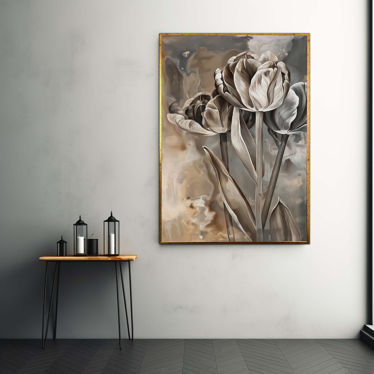 Elegant Sepia Tulip Painting, Vintage Floral Canvas Wall Art, Neutral Home Decor, Botanical Flower Artwork, Ready to Gift Art, Home Decor
