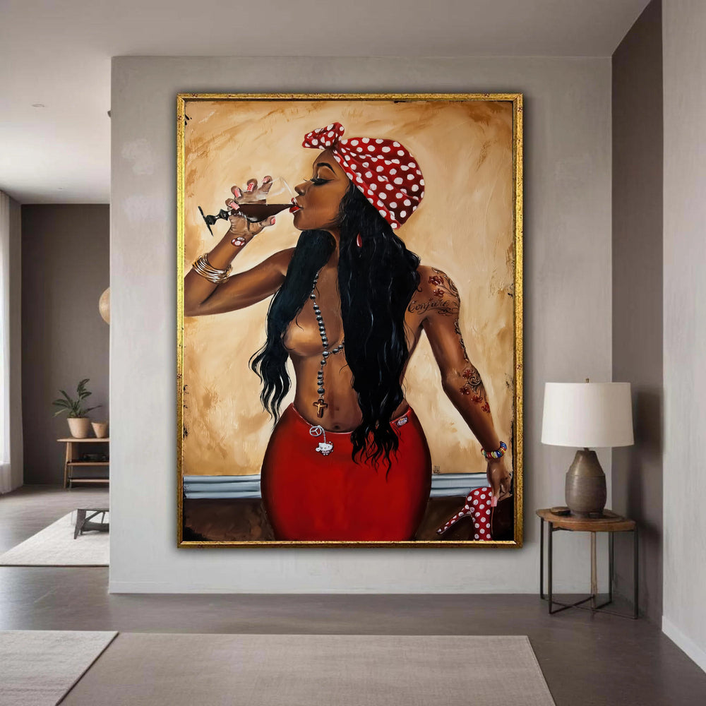 Elegant Woman with Red Headscarf and Cocktail Glass Canvas, Polka Dot Fashion Art, Modern Style Wall Decor, Gift Art, Home Decor