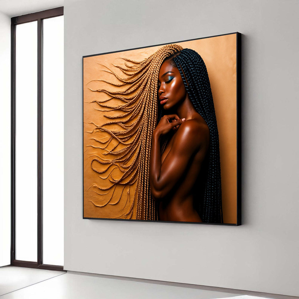 Elegant Braided Hair Canvas Wall Art, Afro Beauty Portrait, Dark Skin Model Canvas, Modern Woman Decor, Hair Art Print, Gift Art, Home Decor