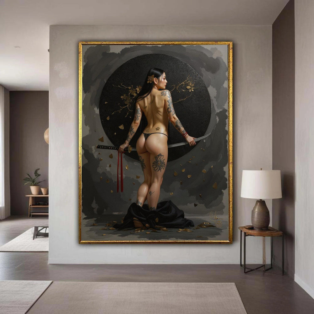 Tattooed Samurai Woman Canvas Wall Art, Modern Asian Warrior Canvas, Erotic Female Art, Sword and Ink Design, Home Gift Art, Home Decor