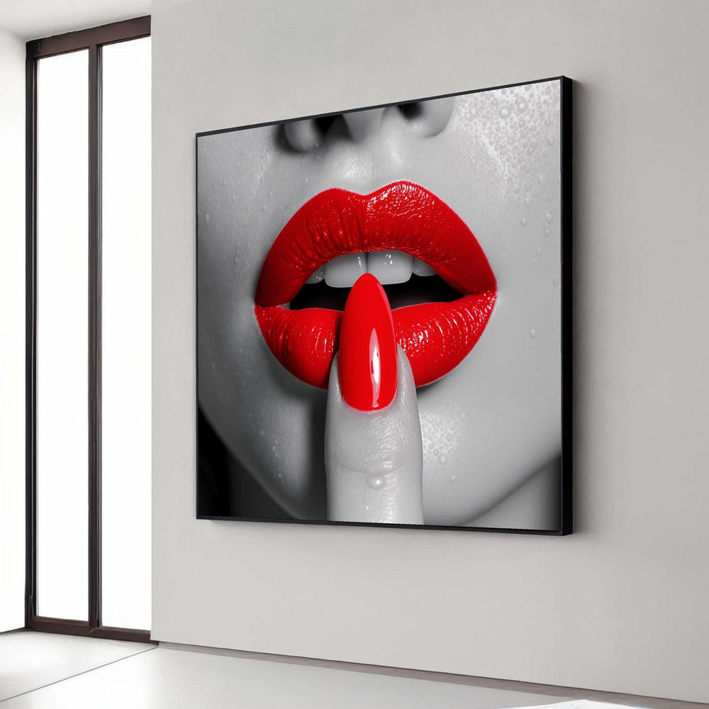 Bold Red Lips Close-Up Canvas, Glamour Beauty Wall Art, Fashion Makeup Canvas, Glossy Lipstick and Nail Art, Modern Gift Art, Home Decor