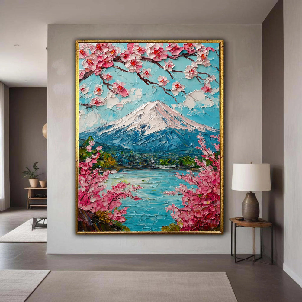 Vibrant Cherry Blossom Canvas, Japanese Mountain Landscape Wall Art, Floral Nature Scene, Springtime Decor, Ready to Gift Art, Home Decor