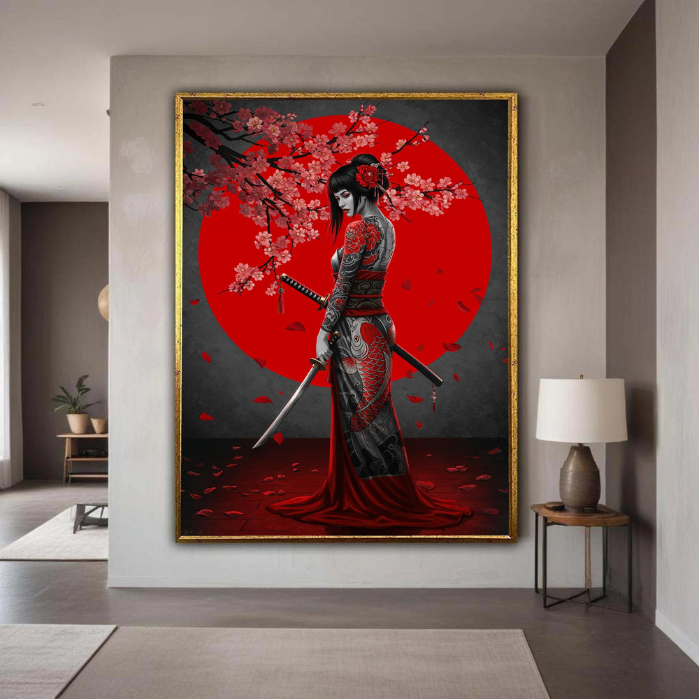 Samurai Geisha Portrait Canvas Wall Art, Japanese Cherry Blossom and Red Sun, Koi Fish Tattoo Decor, Asian Warrior Gift Art, Home Decor
