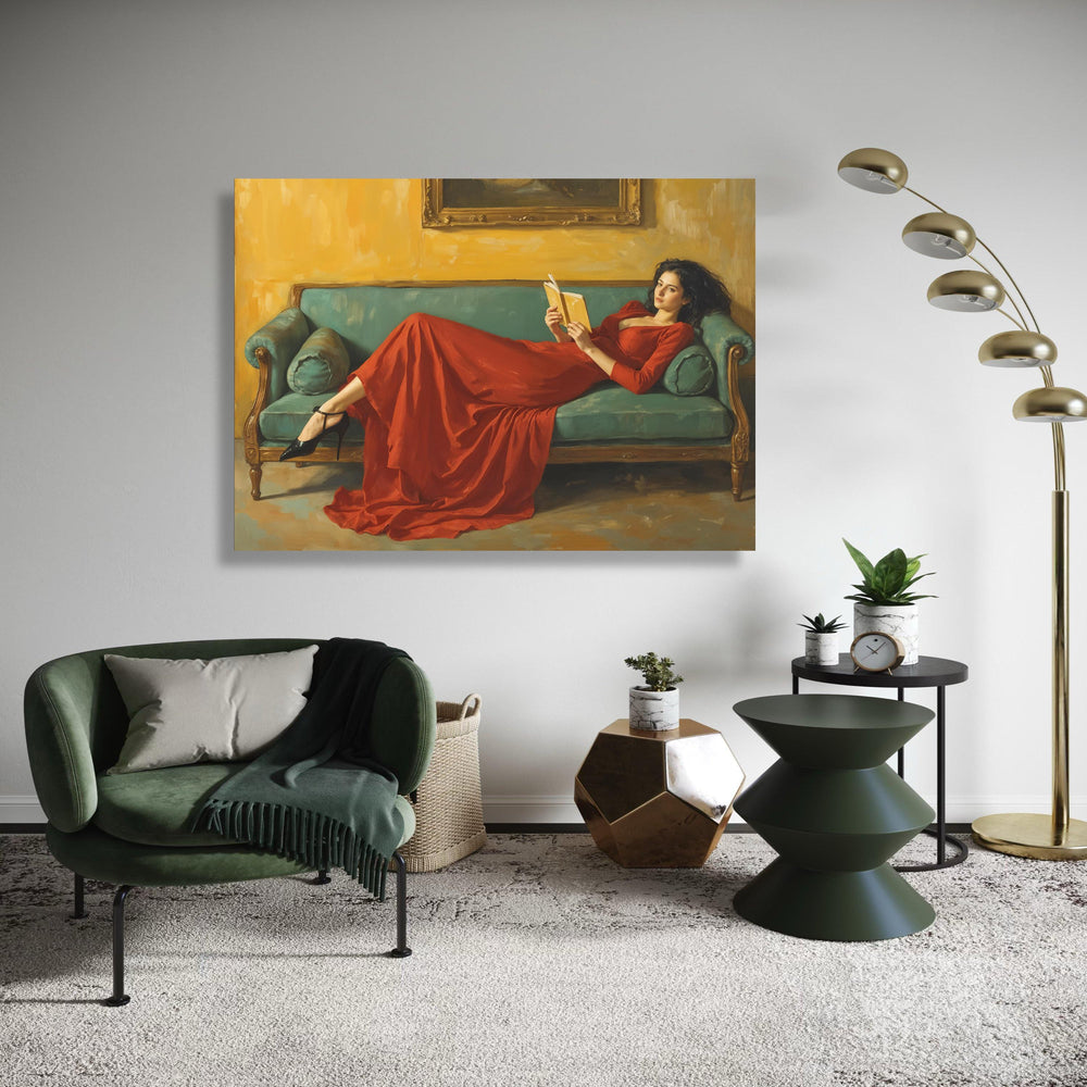 Elegant Woman in Red Dress Reading Canvas, Vintage Style Portrait Art, Classic Home Decor, Relaxing Wall Art, Fine Art Gift Art, Home Decor