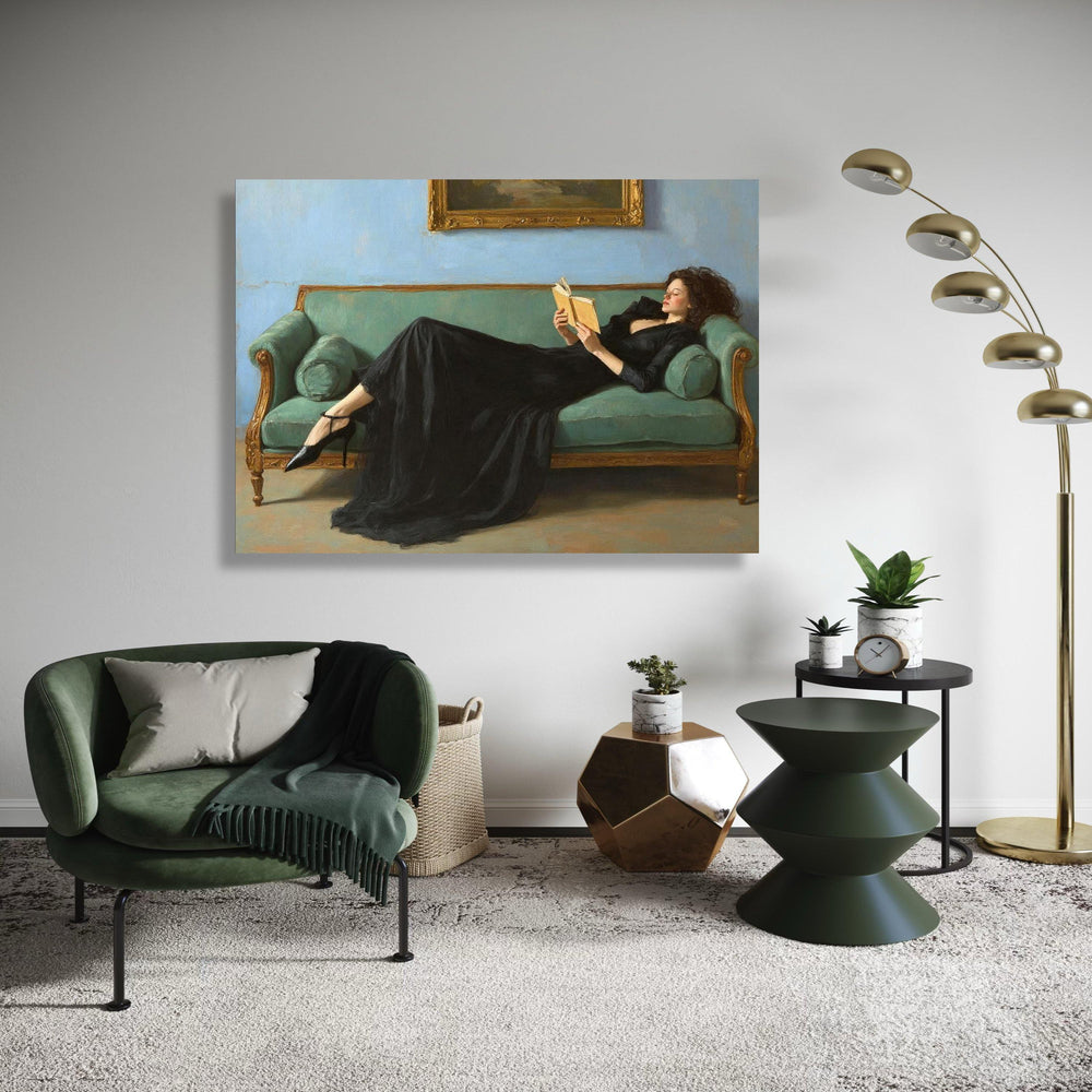 Elegant Woman Reading, Vintage Sofa Canvas, Classic Interior Wall Art, Relaxing Home Decor, Timeless Portrait Canvas Gift Art, Home Decor
