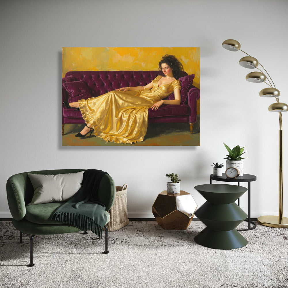 Elegant Woman in Golden Dress Canvas, Vintage Style Portrait Wall Art, Luxurious Home Decor, Classic Glamour Canvas, Gift Art, Home Decor