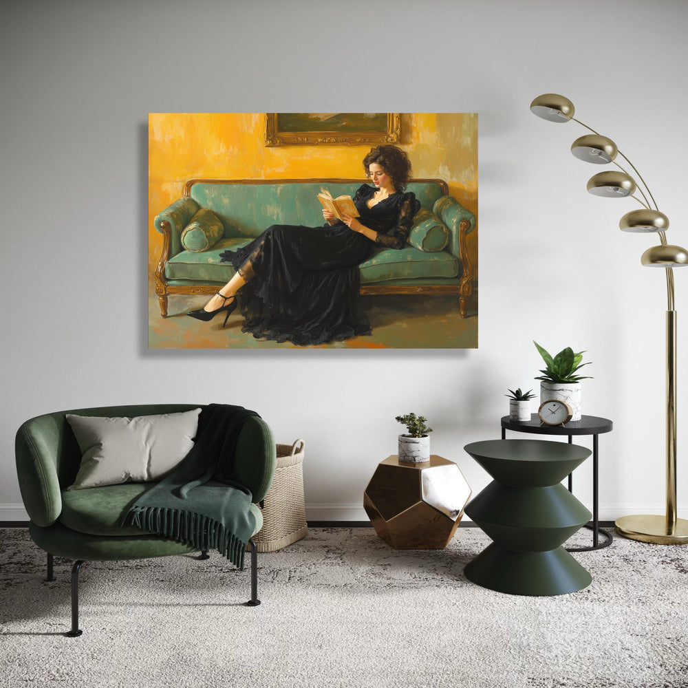 Elegant Woman Reading Canvas Wall Art, Vintage Style Portrait Painting, Black Dress Sofa Scene, Classic Interior Decor, Gift Art, Home Decor