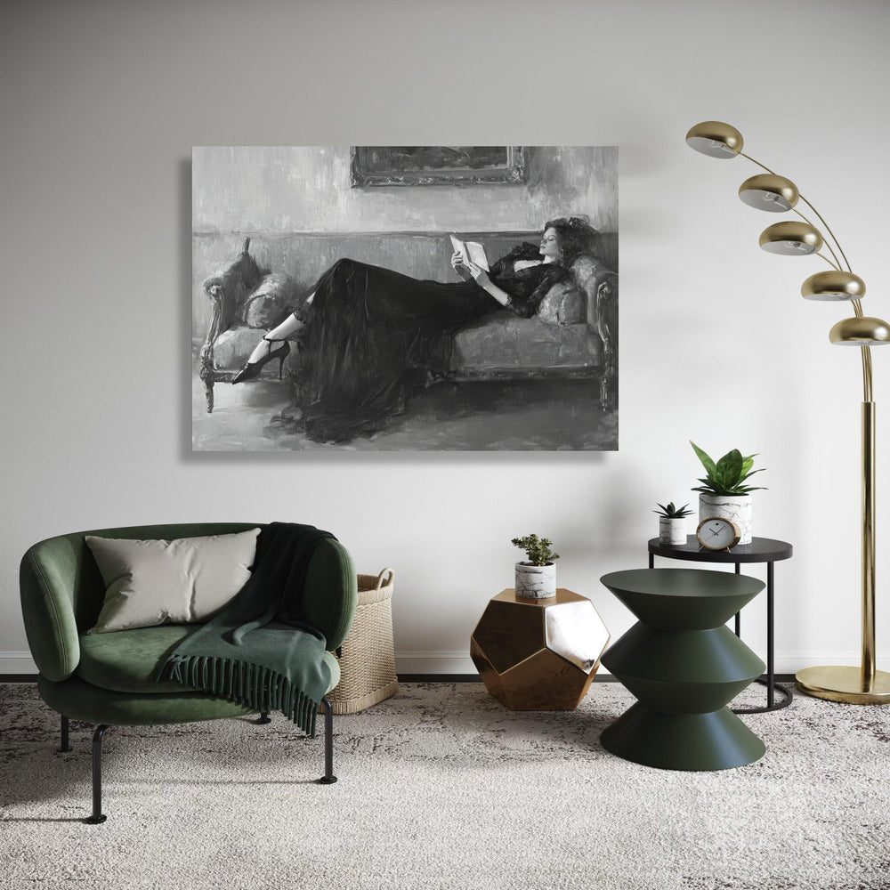Elegant Woman Reading, Vintage Black Dress Canvas, Classic Sofa Wall Art, Monochrome Home Decor, Relaxing Lifestyle Gift Art, Home Decor