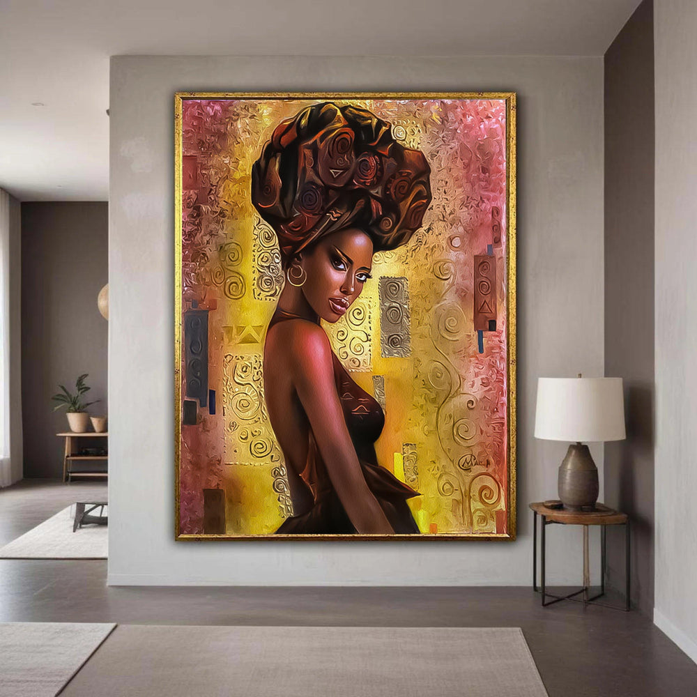 Elegant African Woman Portrait Canvas, Ethnic Headwrap Art, Modern Abstract Wall Art, Bold Colorful Home Decor, Ready Gift Art, Home Decor