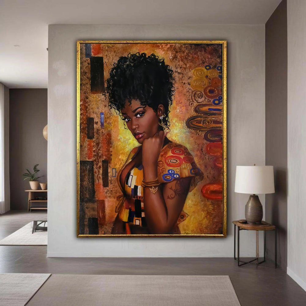 Elegant Afro Woman Portrait Canvas, Contemporary African Art, Abstract Background, Modern Wall Decor, Vibrant Ethnic Gift Art, Home Decor