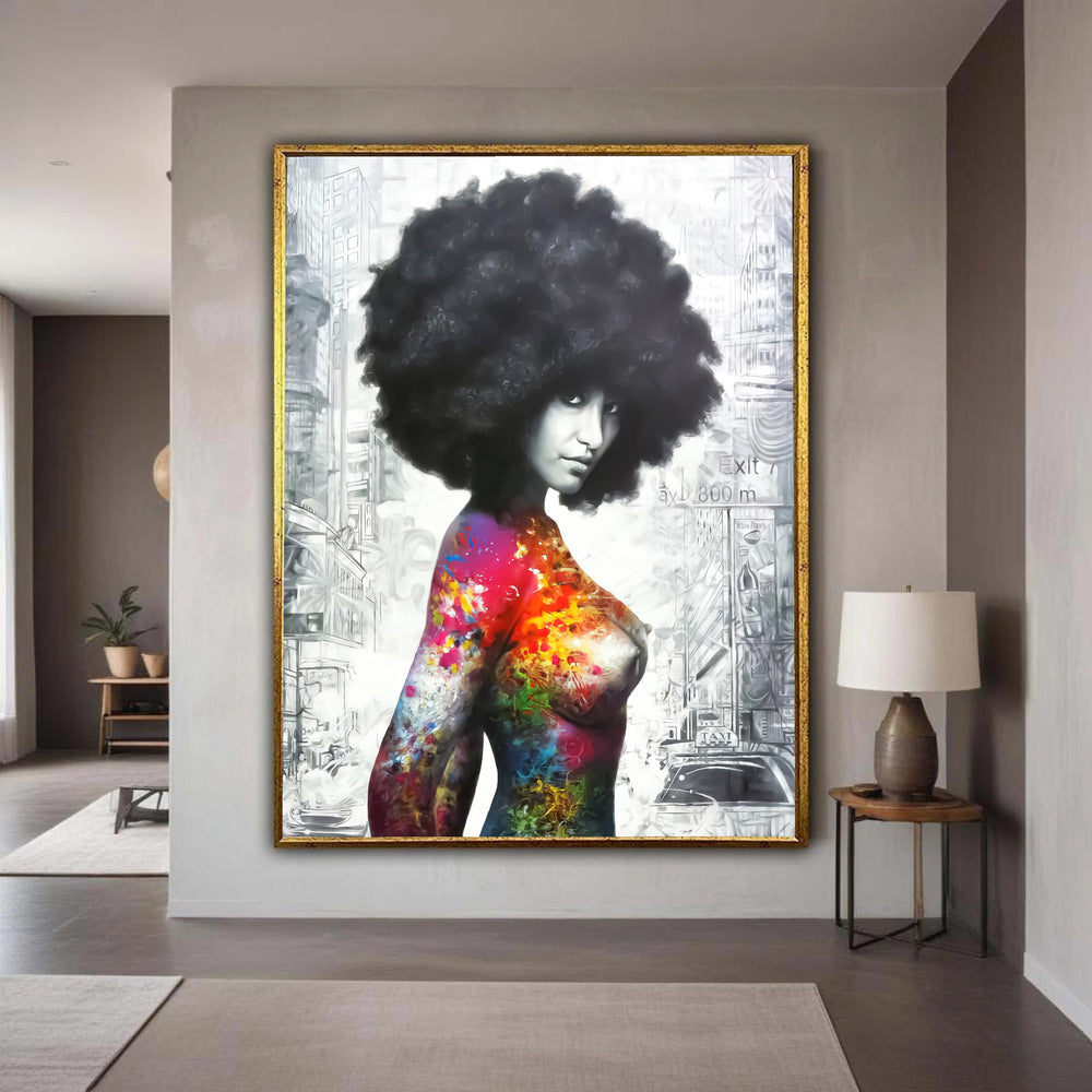 Vibrant Afro Woman Portrait Canvas, Colorful Body Art Painting, Urban Style Wall Art, Modern Female Figure Canvas, Gift Art, Home Decor