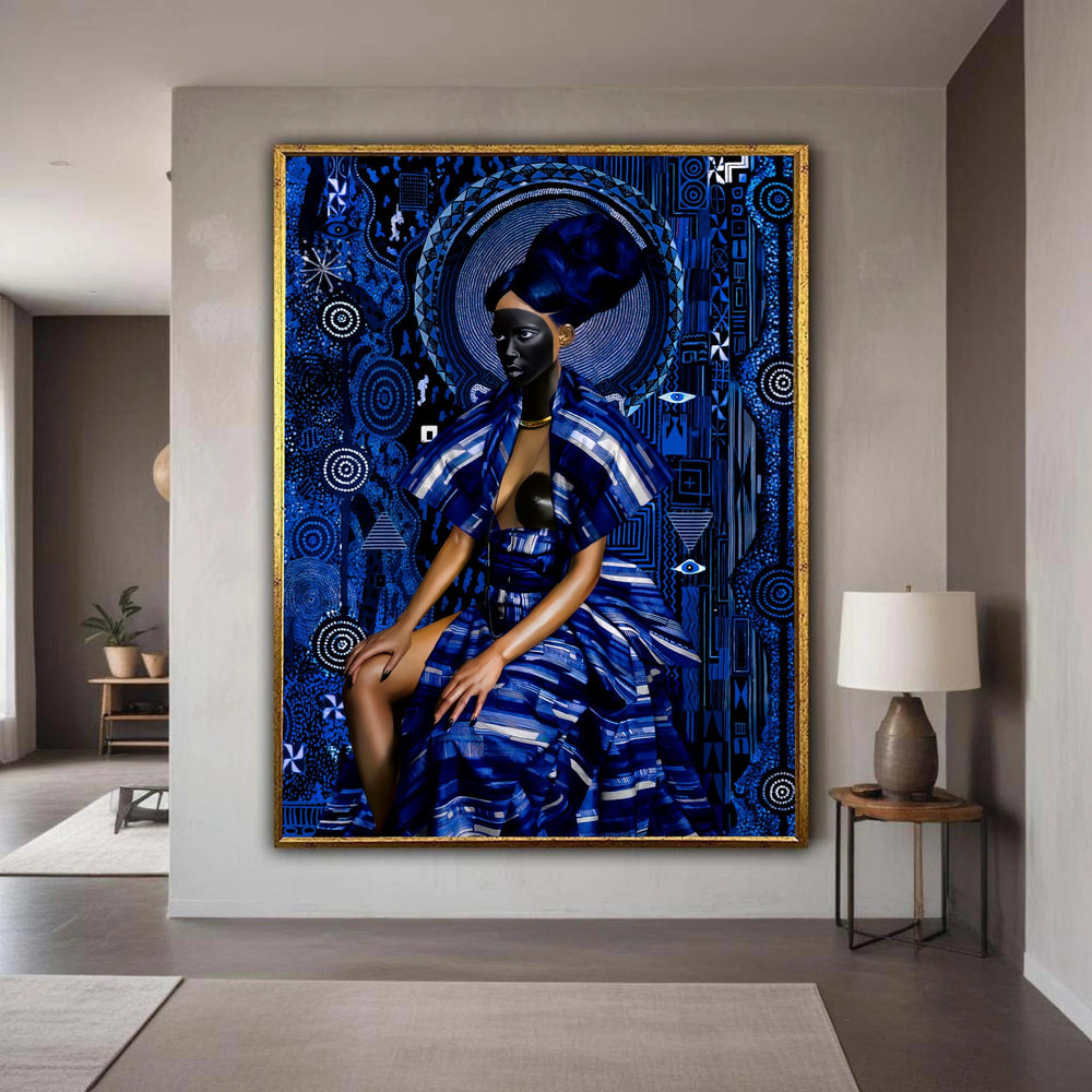 Bold African Majesty Canvas Wall Art, Blue Tribal Pattern Portrait, Modern Ethnic Fashion Art, Stunning Cultural Wall Gift Art, Home Decor