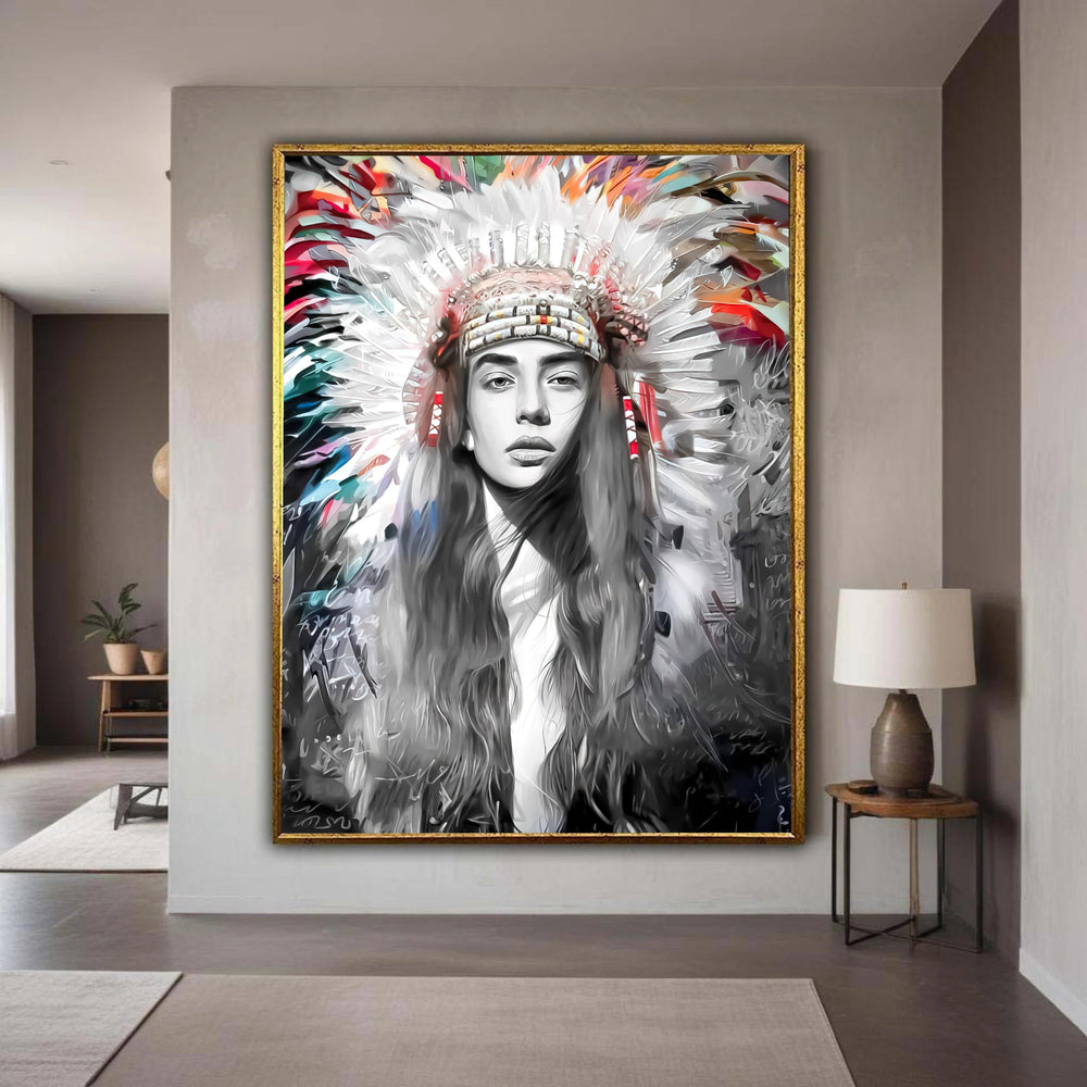 Modern Native American Headdress Portrait Canvas, Black and White Wall Art, Color Splash Feather Decor, Boho Chic Gift Art, Home Decor