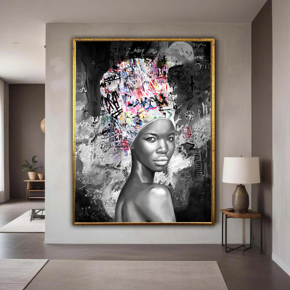Modern Afrocentric Portrait Canvas, Black and White Woman Art, Graffiti Style Headwrap, Urban Wall Decor, Contemporary Gift Art, Home Decor
