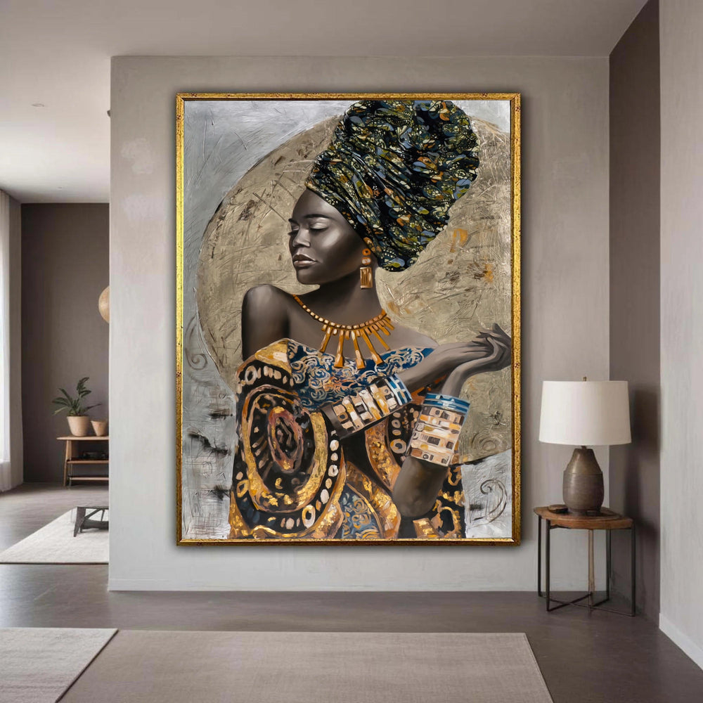 Elegant African Queen Portrait Canvas, Ethnic Woman Wall Art, Tribal Fashion Decor, Vibrant Headwrap Canvas, Gold Gift Art, Home Decor