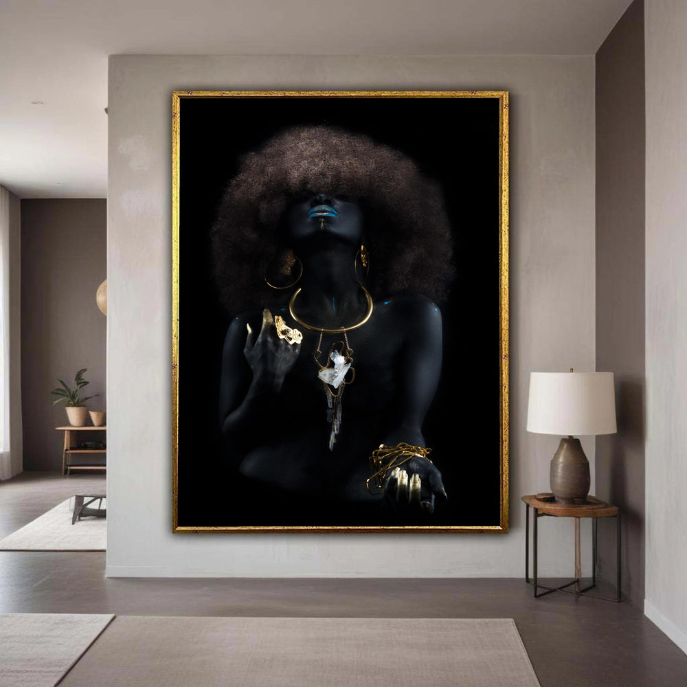 Afrocentric Black Woman Art, Gold Jewelry Canvas, Blue Lip Makeup, Dark Glamour Portrait Canvas, Ethnic Wall Art Decor Gift Art, Home Decor
