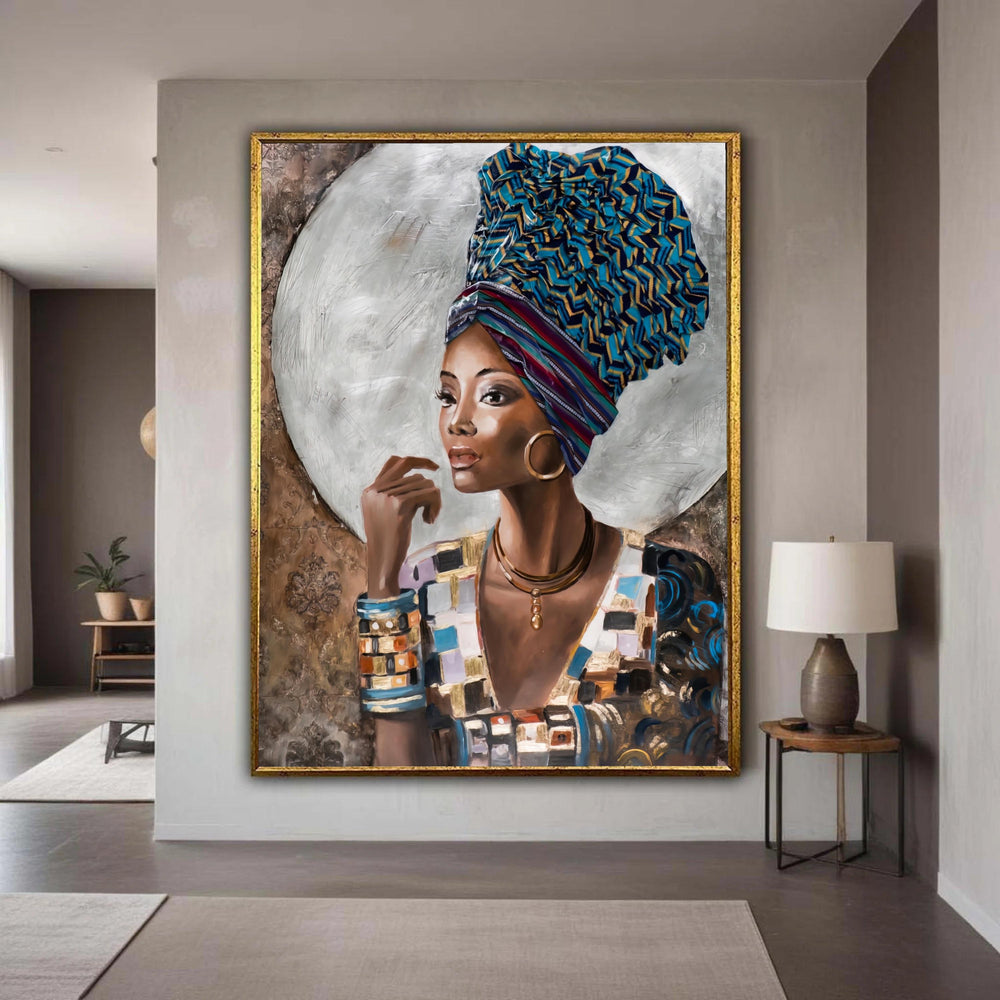 Elegant African Woman Portrait, Colorful Headwrap Canvas, Ethnic Fashion Wall Art, Contemporary Afrocentric Canvas, Gift Art, Home Decor
